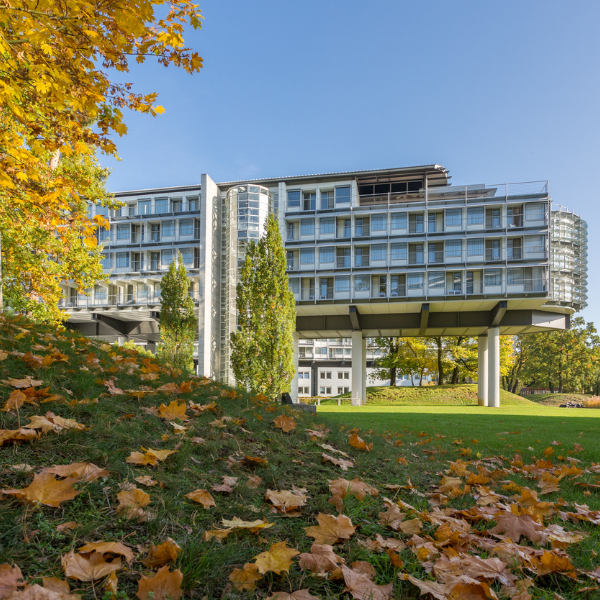 Kongresshotel-Potsdam-Außen Aus der Ferne wird das Kongresshotel Potsdam in Herbstlicher Atmosphäre gezeigt. Im Vordergrund liegen bereits braune Blätter auf der grünen Wiese.