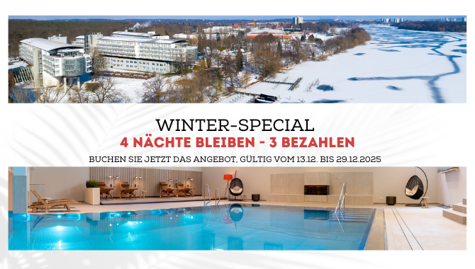 Das Kongresshotel Potsdam bietet ein Winterspecial "4 Nächte bleiben - 3 bezahlen" an.
