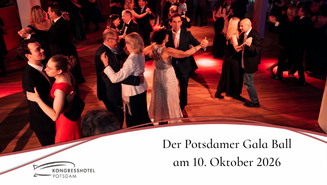 Tanzende Paare in Abendkleidung auf einer festlich beleuchteten Tanzfläche mit Text zum Potsdamer Gala Ball am 10. Oktober 2026.