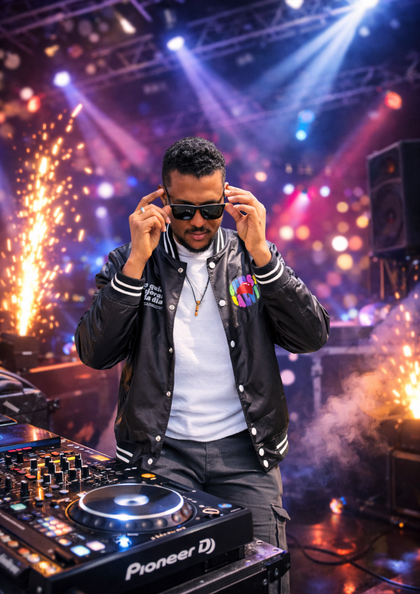 DJ mit Sonnenbrille steht vor Mischpult auf einer Bühne mit bunten Lichtern und Funken.
