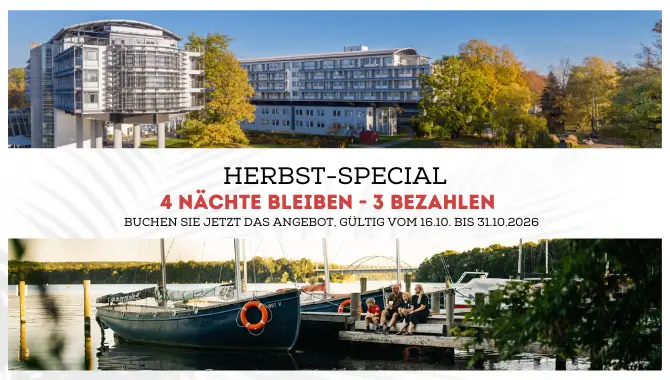 Herbst-Special des Kongresshotels Potsdam: 4 Nächte bleiben, nur 3 bezahlen. Buchbar vom 16. bis 31. Oktober 2026.
